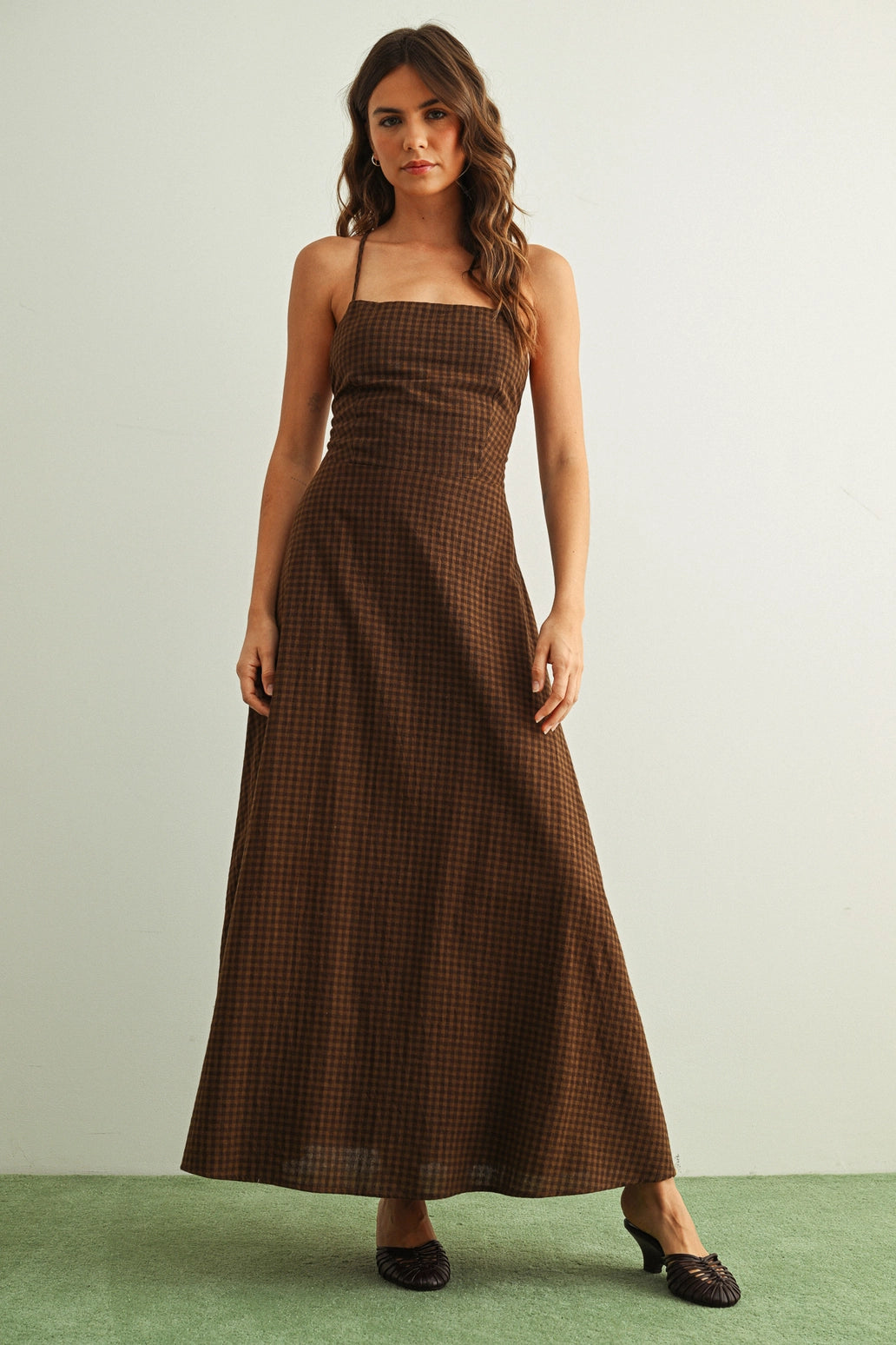 brown gingham maxi dress Delaney – BARE RAGS length:36 The relaxed fit and dark purple sweet 16 dresses Nicholette Gatsby Dress -